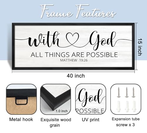 With God All Things are Possible Inspirational Framed Wall Art, 40''×15'' Positive Religious Rustic Bible Verse for Christian God Jesus Christ Prayer, Horizontal Holy Catholic Scripture Decor Black - color: Black Frame, style: With God All Things are Poss