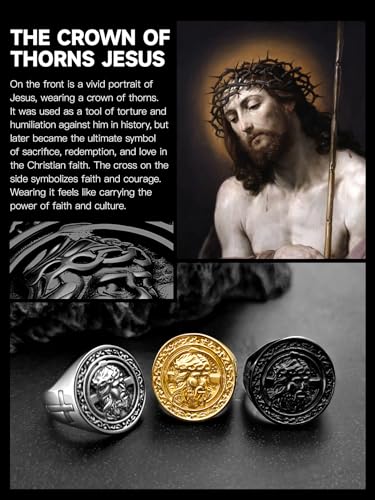 Christian Cross Rings for Men - Stainless Steel Jesus Jewelry with Celtic Knot Sides (Gold/Black/Silver) - Catholic Religious Gift, Size 7-13 - color: I: Black-Jesus
