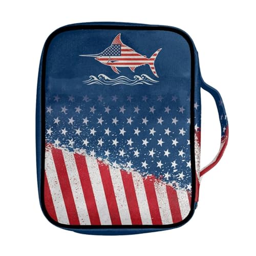Coldinair American Flag Shark Bible Cover with Handles - Zippered Bible Carrying Case for Women Girls - Cute Tote Bag Book Cover Accessories - Christian Church Bag Purse - color: American Flag Shark