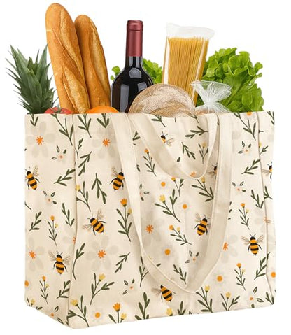Miss Adola Extra Large Canvas Grocery Tote Bag - color: Wild Flowers & Bee