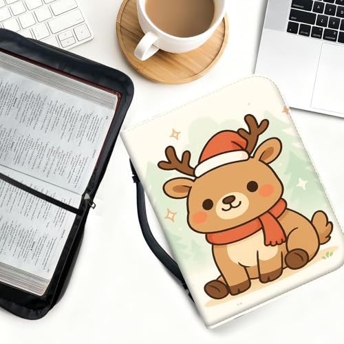 Bible Cover for Women Large PU Leather Zippered Bible Case with Handle and Cute Christmas Reindeer Design, Christian Bible Cover for Girls & Women, Cover Fits Standard 9.5"x7.5"x2.3" Bible - color: Cute Christmas Reindeer