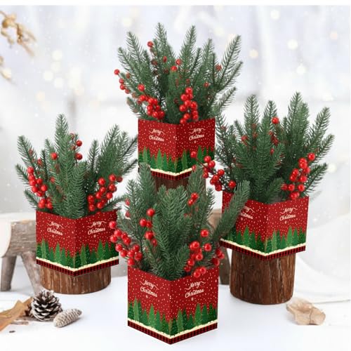 Zeyune 4 Set Christmas Centerpiece for Table Bulk, 4.7 Inch Xmas Centerpiece Decoration Ideal with Artificial Pine Branches and Red Berries Stems for Xmas Party Indoor Home Decor(Christmas Tree) - style: Stylish