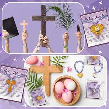 Liliaafar 24 Sets Easter Crafts Holy Week Bead Bracelet Craft Kits with Card Easter Party Favors DIY Holy Week Sunday Beaded Gifts Religious Christian Bracelet Kits for Spring Art Gifts