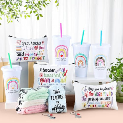 Funnymoom 24 Pcs Teacher Appreciation Gift from Students 2026 End of Year Thank You Gifts Bulk 24 oz Plastic Tumbler Cup Makeup Cosmetic Bag Crew Sock Keychain for Retirement - style: Rainbow
