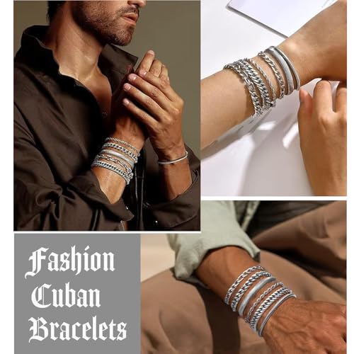 36 Pieces Silver Jewelry Set for Men Stainless Steel Cuban Link Chain Bracelet Cross Pendant Necklace Classic Ring Hip Hop Jewelry Pack for Men