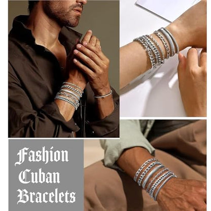 36 Pieces Silver Jewelry Set for Men Stainless Steel Cuban Link Chain Bracelet Cross Pendant Necklace Classic Ring Hip Hop Jewelry Pack for Men