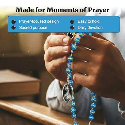 SANCTUM VERITAS Saint Faustina Kowalska True Relic Chaplet Apostle Divine of Mercy Miraculous Medal Jesus I Trust in You Chaplet Three O' Clock Prayer Poland Polish Novena - color: Blue