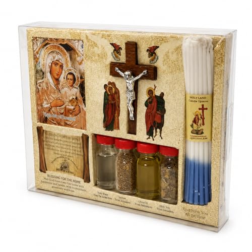 Holy Land Blessing for the Home Gift Set - Jerusalem Icon, Crucifix, Altar Candles, Sacred Soil, Water, Olive Oil & Incense (Our Lady of Jerusalem)
