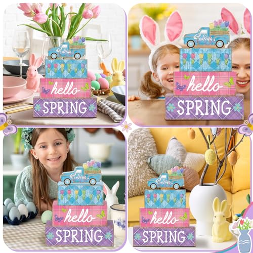 4 Pcs Spring Table Decor Farmhouse Tulip Wooden Sign Spring Wood Block Decorative Floral Truck Tiered Tray Decor Rustic Table Centerpieces for Home Kitchen Shelf Fireplace Desk Indoor - style: Tulip