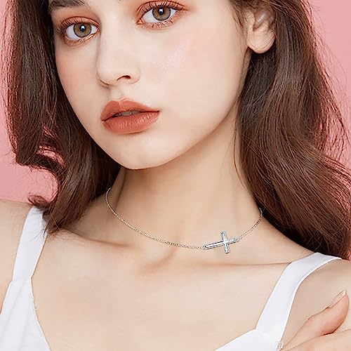 DAOCHONG S925 Sterling Silver Sideways Cross Choker Necklace 14+4 Inch - color: Silver-Oyster Shell