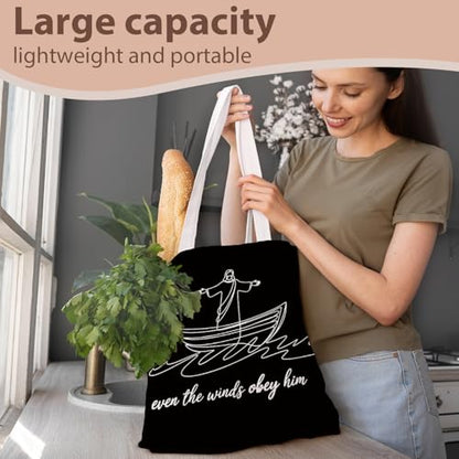 kunlisa Christian Tote Bag for Women, Christian Gifts for Women Faith Canvas Tote Bag - color: Even the Winds Obey Him