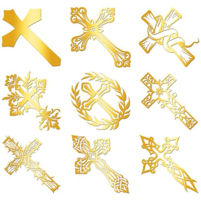 9Pcs Golden Metal Stickers 1.6x1.6inch Gold Cross Stickers Self-Adhesive Scrapbooks Sticker Waterproof Epoxy Decals for Scrapbooks DIY Resin Crafts Phone Water Bottle Decoration - style: cross