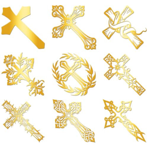 9Pcs Golden Metal Stickers 1.6x1.6inch Gold Cross Stickers Self-Adhesive Scrapbooks Sticker Waterproof Epoxy Decals for Scrapbooks DIY Resin Crafts Phone Water Bottle Decoration - style: cross