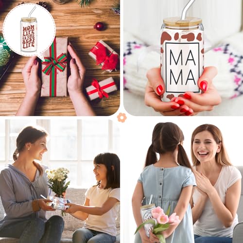SiliFine 6 Pcs Mama Glass Cups, 16 oz with Lids and Straws - style: Mama