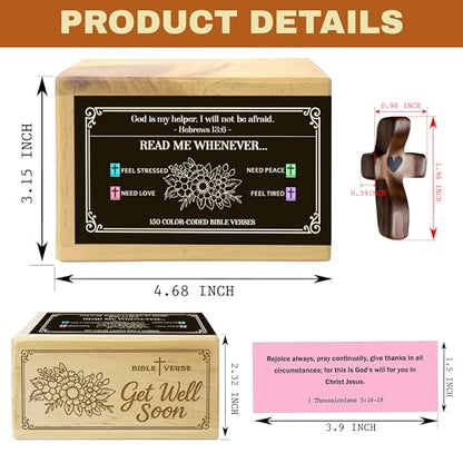 Personalized Get Well Soon Bible Verse Box with 150 Color-Coded Scripture Cards, Custom Name Prayer Box with Wooden Pocket Cross, Read Me Whenever Cards, Christian Encouragement Gift - color: Get Well Soon