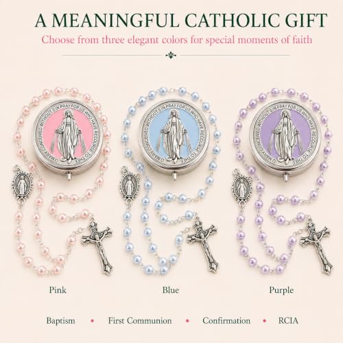 Catholic Pearl Cross Rosary Necklace — Ideal for Baptism, Prayer, Devotion — 6mm Glass Beads & 8mm Our Father Beads w/Caps, Miraculous Jewelry Box – Perfect Religious Gift for Women, Men - color: Pink