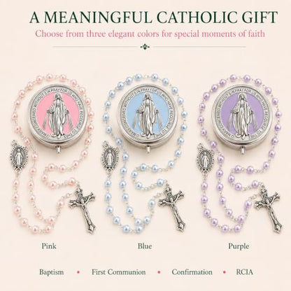 Catholic Pearl Cross Rosary Necklace — Ideal for Baptism, Prayer, Devotion — 6mm Glass Beads & 8mm Our Father Beads w/Caps, Miraculous Jewelry Box – Perfect Religious Gift for Women, Men - color: Pink