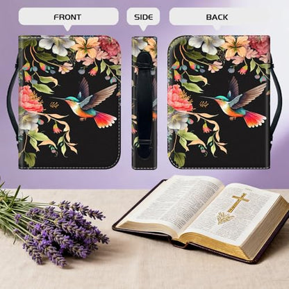 Bible Cover for Women Large PU Leather Zippered Bible Case with Handle and Flower Hummingbird Design, Christian Bible Cover for Girls & Women, Cover Fits Standard 9.5"x7.5"x2.3" Bible - color: Flower Hummingbird