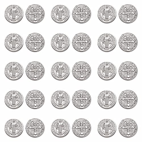 30pcs Round Religious Spacer Beads Antique Silver Alloy San Benito Loose Beads for DIY Rosary Necklace Bracelet Earring Jewelry Making Supplies