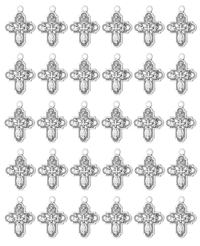 COTTVOTT Saint Therese of Lisieux/Saint Mother Teresa of Calcutta/Divine Mercy Jesus/Mater Dolorosa Patron Saint Medal Charm Pendant for DIY Rosary Necklace Bracelet Jewelry Making Part - color: 30pcs-Four Way Cross medal
