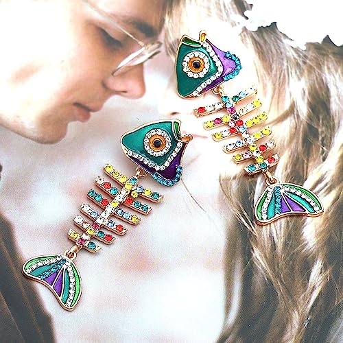 Fish Bone Earrings Drip Oil Animal Earrings Colorful Crystal Sparkly Enamel Earrings Creative Long Fishbone Earstud Dangle Fish Drop Earrings Jewelry for Women - color: Colours
