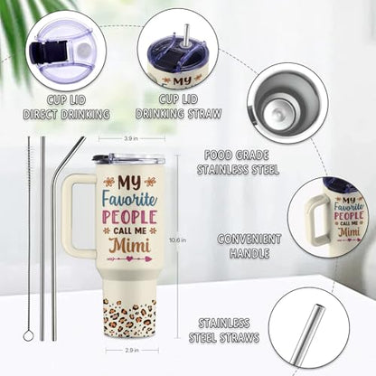 Grandma 40oz Tumbler, with Handle & Straw, Stainless Steel Cup - color: Mimi