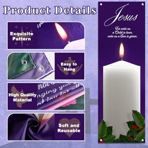 5Pcs 2x6 Ft Religious Church Banner with Scripture Christian Candles Banner for Sanctuary Wall Hope Peace Joy Love Jesus Prayer Flag Welcome Religious Praise Hanging Signs Decor for Holiday Church - size: 2x6Ft