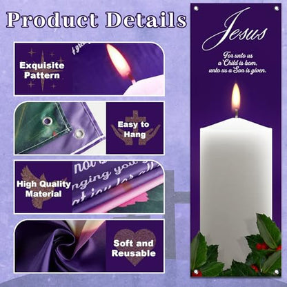 5Pcs 2x6 Ft Religious Church Banner with Scripture Christian Candles Banner for Sanctuary Wall Hope Peace Joy Love Jesus Prayer Flag Welcome Religious Praise Hanging Signs Decor for Holiday Church - size: 2x6Ft
