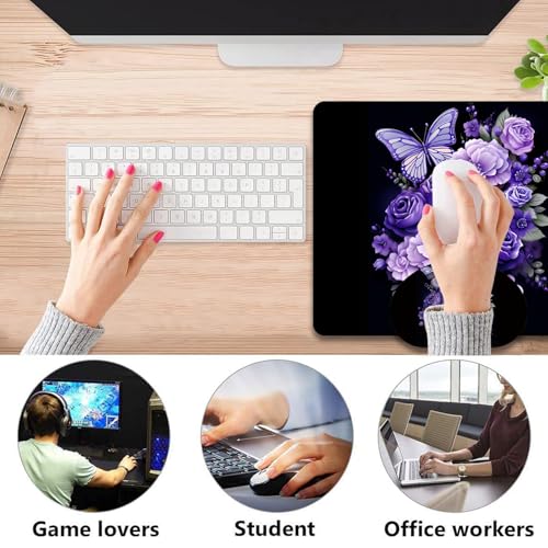 Mouse Pad 9.4"x7.9" + Wrist Support Pad + Embroidered Cup Pad Non-Slip Set, Ergonomic Mouse Wrist Support Pad, Suitable for Office/Gaming/Home Use, Butterfly and Purple Flowers - color: Butterfly and Purple Flowers
