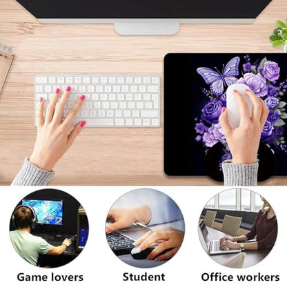 Mouse Pad 9.4"x7.9" + Wrist Support Pad + Embroidered Cup Pad Non-Slip Set, Ergonomic Mouse Wrist Support Pad, Suitable for Office/Gaming/Home Use, Butterfly and Purple Flowers - color: Butterfly and Purple Flowers