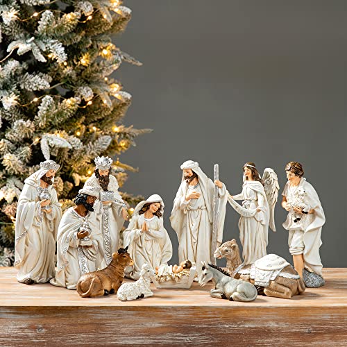 Glitzhome 12Pcs Ivory Resin Nativity Figurines Set Christmas Nativity Sets Tabletop Scenes Ornaments Xmas Nativity Collectible Figurines Indoor Decor Miniatures Statues Figures10.00" x 26.00" - size: 10 x 26 Inches-Ivory