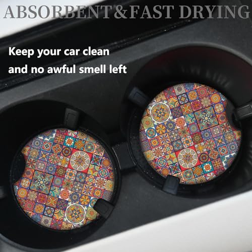Boho Absorbent Neoprene Car Coasters, 2.75inch Mandala Style, 2 Pack Universal with Finger Slot - color: Multicolor