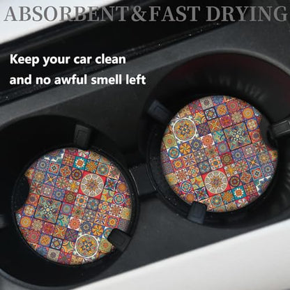Boho Absorbent Neoprene Car Coasters, 2.75inch Mandala Style, 2 Pack Universal with Finger Slot - color: Multicolor