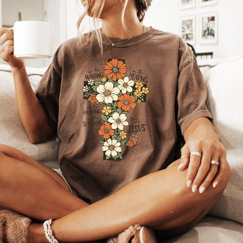Daytee Christian Floral Cross Shirt Garment Dyed Faith Tee Inspirational Jesus Shirt Religious Flower Graphic Shirt - size: Medium