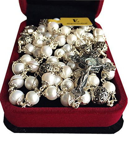 elegantmedical Wire Wraped Bali 925 Sterling Silver Pearl Beads Rosary Necklace Cross