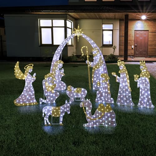Glitzhome 4.5FT Lighted Outdoor Nativity Scence Christmas Decoration - 11pcs Prelit 2D Nativity Set w/ 590 LED Lights, Christmas Arch Holy Family Yard Decoration for Lawn Garden - color: Nativity