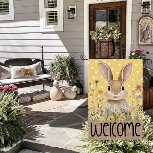 AVOIN colorlife Yellow Spring Easter Bunny Welcome Garden Flag 12x18 Inch - color: Yellow, size: Garden Size-12 x 18"