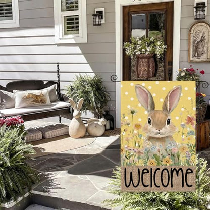 AVOIN colorlife Yellow Spring Easter Bunny Welcome Garden Flag 12x18 Inch - color: Yellow, size: Garden Size-12 x 18"
