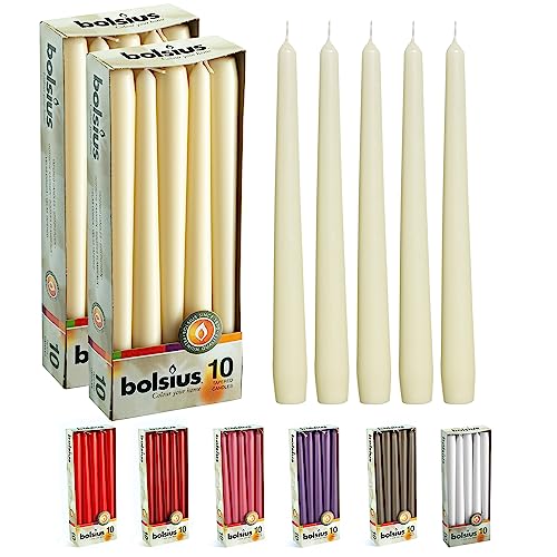 BOLSIUS 20 Count Unscented 10 Inch Ivory Household Taper Candles - 8 Hours Burning Time - Premium European Quality - Smokeless Dripless Taper Candlesticks - Great for Home Décor, Dinners, and Parties - color: Ivory, size: 20 Count