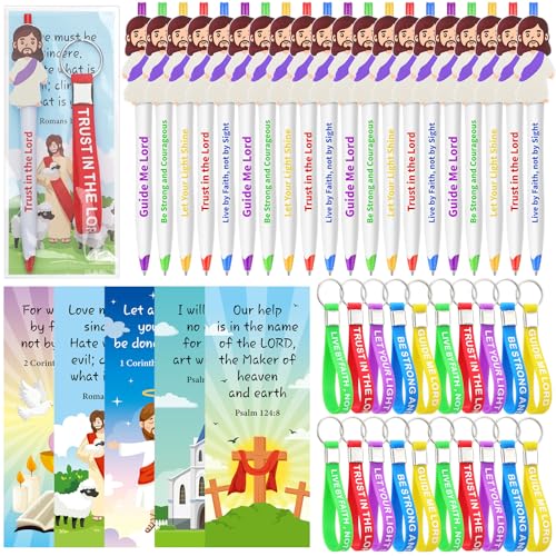 CroBlissful 60 Pcs Christian Jesus Pens Bulk Religious Gift Set Cute Jesus Ballpoint Pens Bible Verse Inspirational Card Scripture Silicone Keychains for Back to School, Communion, Easter, Vbs, Sunday