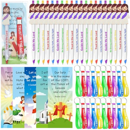 CroBlissful 60 Pcs Christian Jesus Pens Bulk Religious Gift Set Cute Jesus Ballpoint Pens Bible Verse Inspirational Card Scripture Silicone Keychains for Back to School, Communion, Easter, Vbs, Sunday
