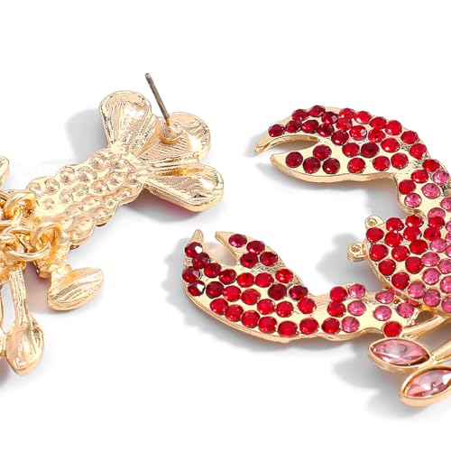 Creative Exaggerated Ocean Animal Drop Dangle Earrings for Women, Bohemia Style Alloy Lobster Octopus Fish Crab Earrings for Summer Beach Holiday Party Jewelry Gifts - style: Pink Red Rhinestone Lobster Earrings-H