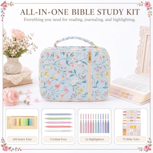 Britimes Blue Bible Cover Case for Women, Bible Cover with Accessories - color: Vintage Blue Floral