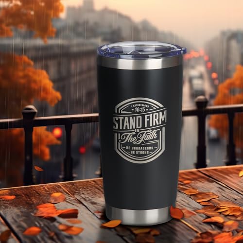 Christian Art Gifts Large Stainless Steel Inspirational Travel Mug Tumbler for Men & Women: Stand Firm Encouraging Bible Verse, Double Wall Vacuum Insulated w/Lid, Hot/Cold Beverage, Black, 18 oz. - color: Black/Stand Firm