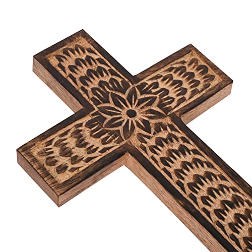 Samhita Mango Wood Wall Cross, Jesus Christ Floral Carving Family Cross Decor,Home Decoration (10" x 6" x 0.5")