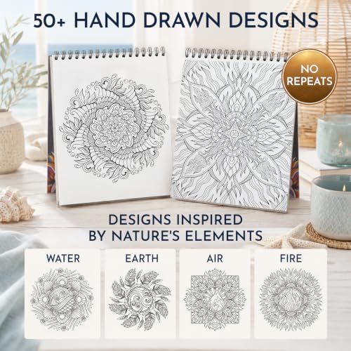 Mandala Coloring Book for Adults Spiral Bound, 50 Unique Relaxing Designs - color: Mindful Mandala - Elements