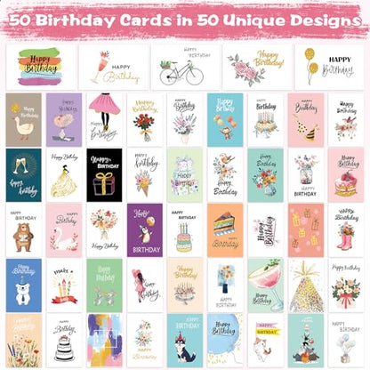 50 Pack Assorted Birthday Cards with Envelopes & Stickers, Blank Happy Birthday Cards Bulk Box Set, 4 x 6 Inches, 50 Unique Designs for Women, Kids, Family, Friends, Work, Office