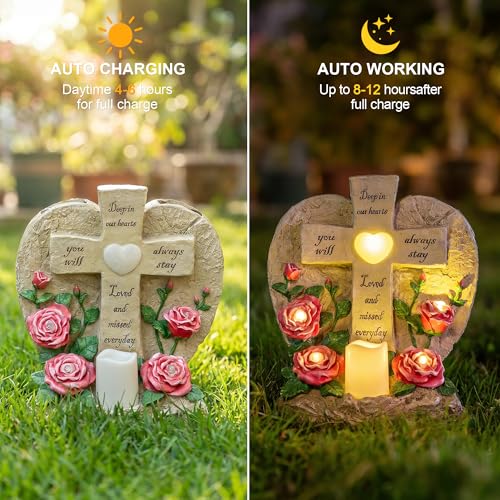 ZQQLITE Solar Lights for Cemetery Memorial Cross Statue with LED Lights & Roses, Resin Garden Grave Markers Decor, Gift for Loss of Loved One - color: Memorial Stone