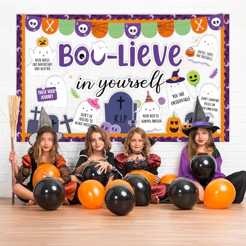 Halloween Ghost Bulletin Board Set Boo-Lieve in Yourself Affirmation Station Bulletin Board Classroom Decorations Cute Ghost Pumpkin Paper Cutouts for Halloween Party School Classroom Home Wall Decor - style: Ghost