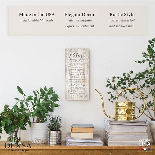 DEXSA Bless This House Wood Plaque - Made in the USA - 5.5x12 - Classy Frame Wall Hanging Decoration | Within these bright & solid walls, God holds a golden key | Christian Religious Home Decor Saying
